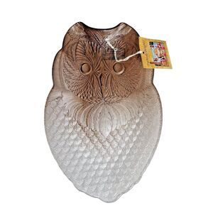 Turkish Delights Glass Owl Serving Bowl Dish Plate Brown Fade Shimmer 11 x 7-in